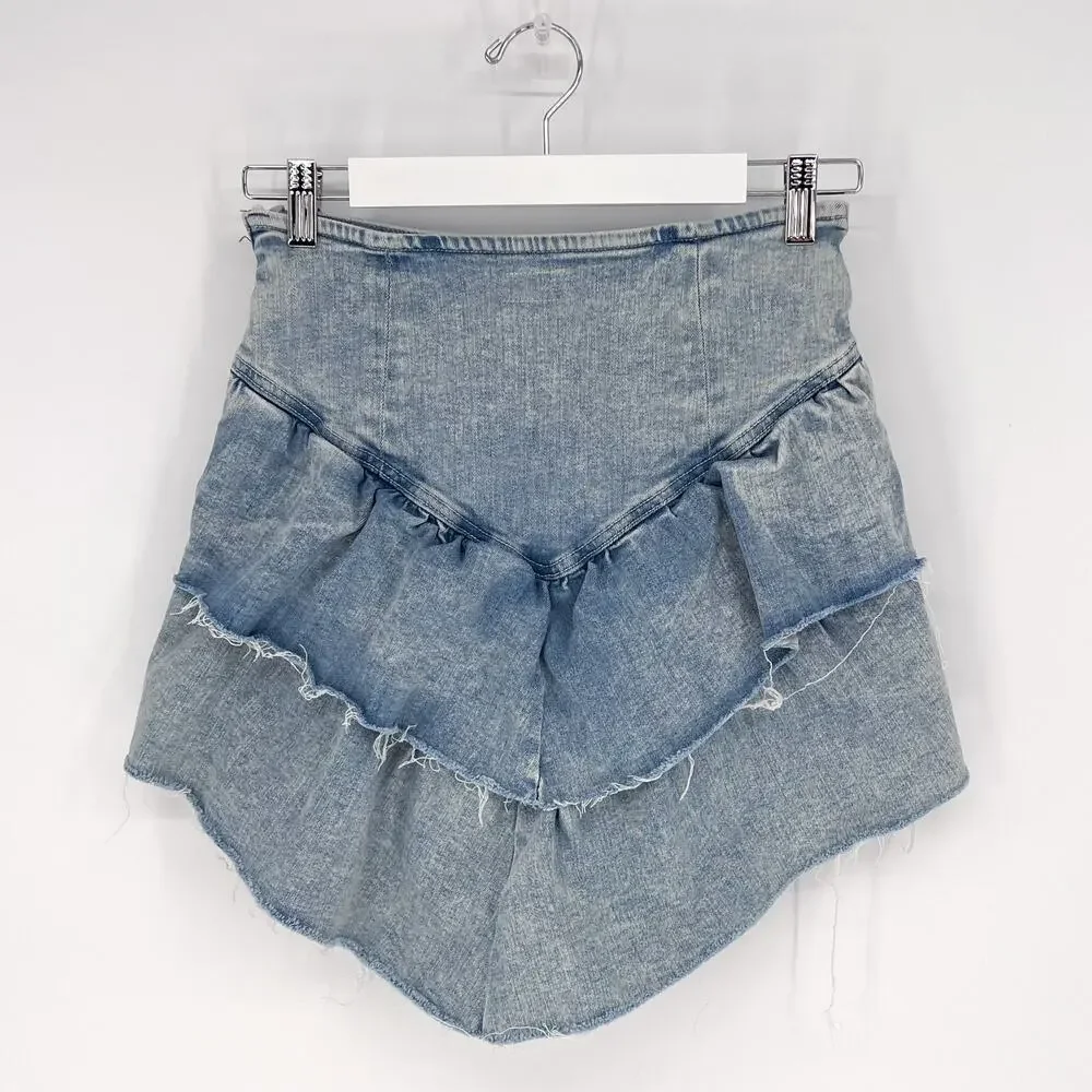 MOTHER The Ruffle Raw Edge Mini Skirt Action Shot Women’s Size 27 Denim